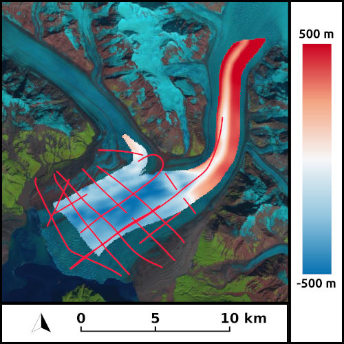 Hubbard glacier with radar flights lines and interpolated bed elevation